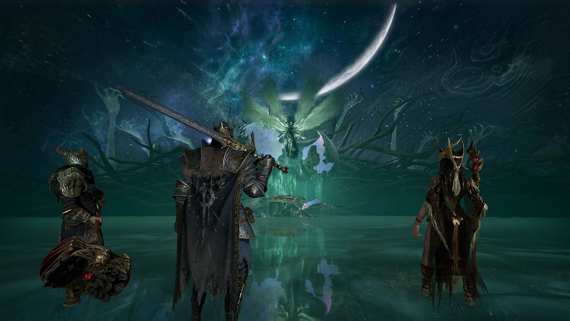 Mistfall Hunter characters standing in a spectral gathering place.