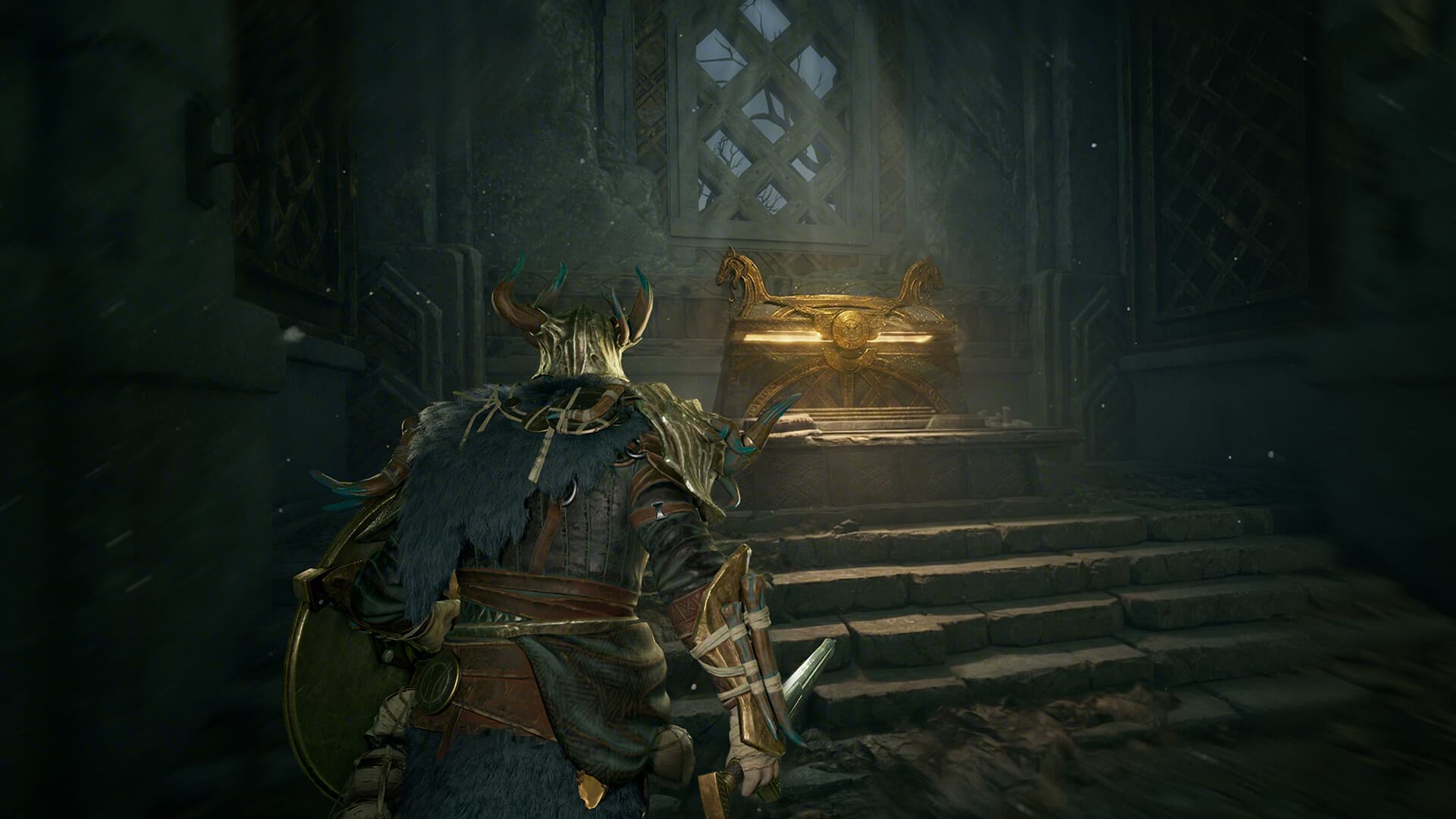 A Mistfall Hunter character approaches a glowing chest in a dark ruin.