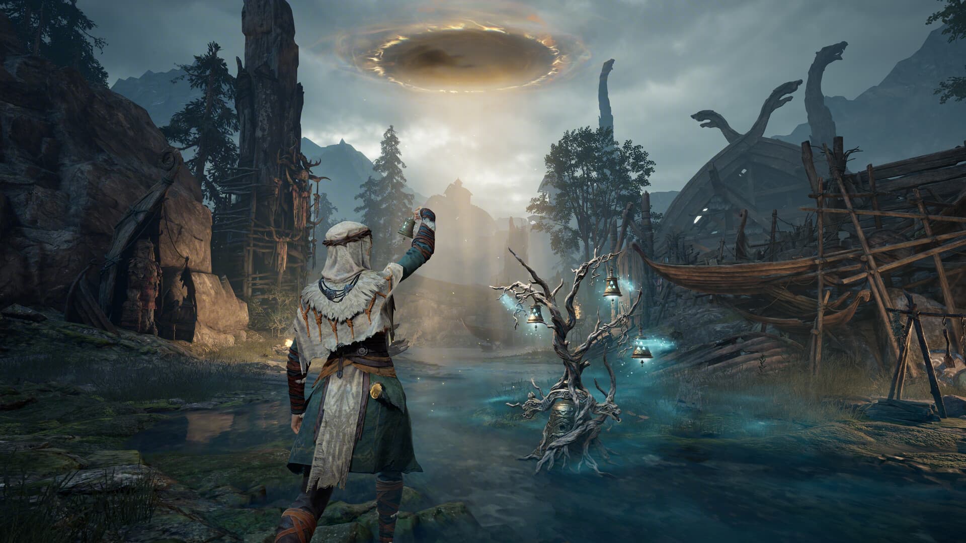 A group of Mistfall Hunter characters in a dark fantasy environment.