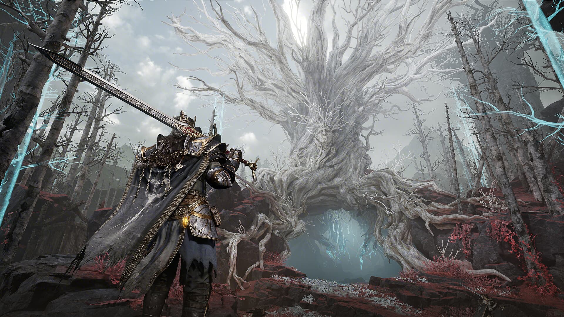 A Mistfall Hunter character facing a giant tree-like creature.